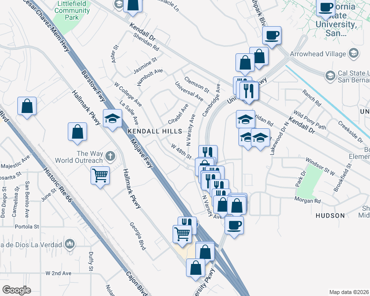 map of restaurants, bars, coffee shops, grocery stores, and more near 4868 North Varsity Avenue in San Bernardino