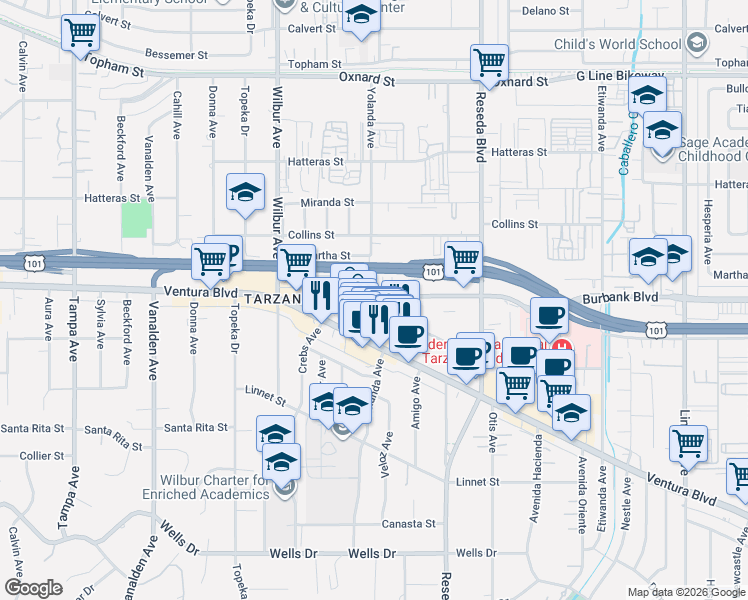 map of restaurants, bars, coffee shops, grocery stores, and more near 18648 Clark St in Los Angeles