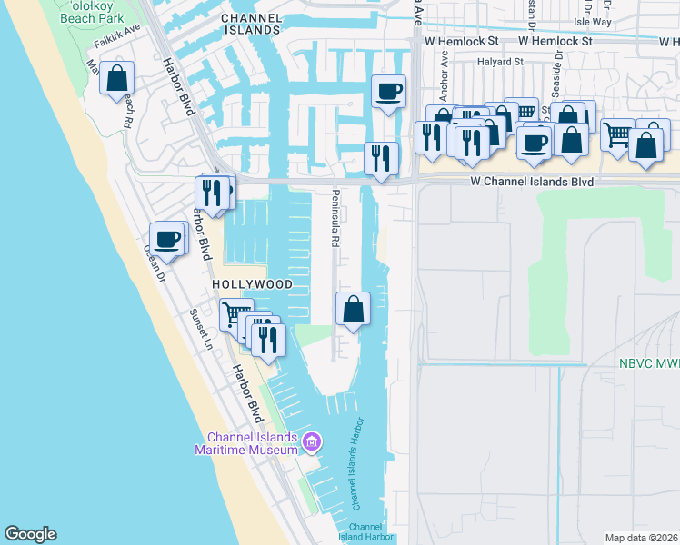 map of restaurants, bars, coffee shops, grocery stores, and more near 3100 Peninsula Road in Oxnard