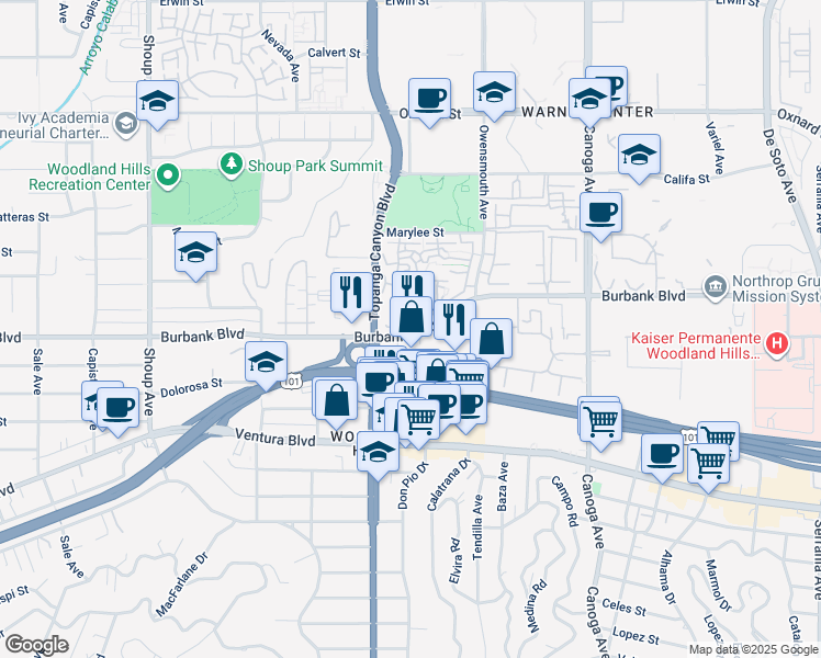 map of restaurants, bars, coffee shops, grocery stores, and more near 169 Burbank Boulevard in Los Angeles