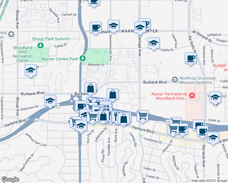 map of restaurants, bars, coffee shops, grocery stores, and more near 5550 Owensmouth Avenue in Los Angeles
