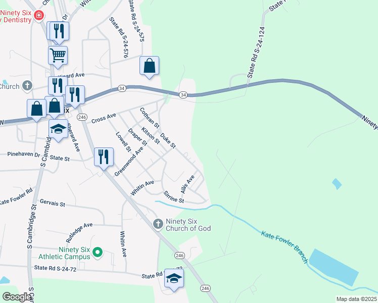map of restaurants, bars, coffee shops, grocery stores, and more near 217 Duke Street in Ninety Six