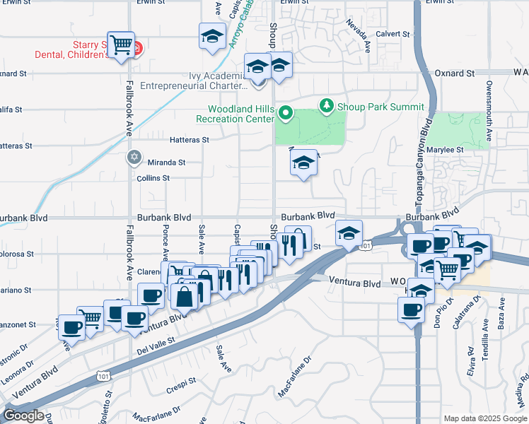 map of restaurants, bars, coffee shops, grocery stores, and more near 22411 Burbank Boulevard in Los Angeles