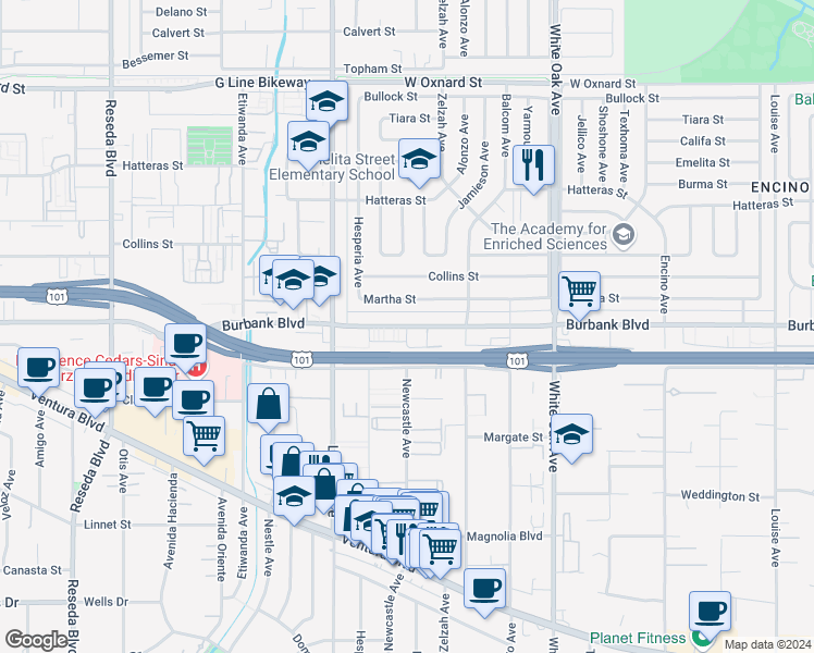 map of restaurants, bars, coffee shops, grocery stores, and more near Burbank Blvd & Newcastle Ave in Los Angeles