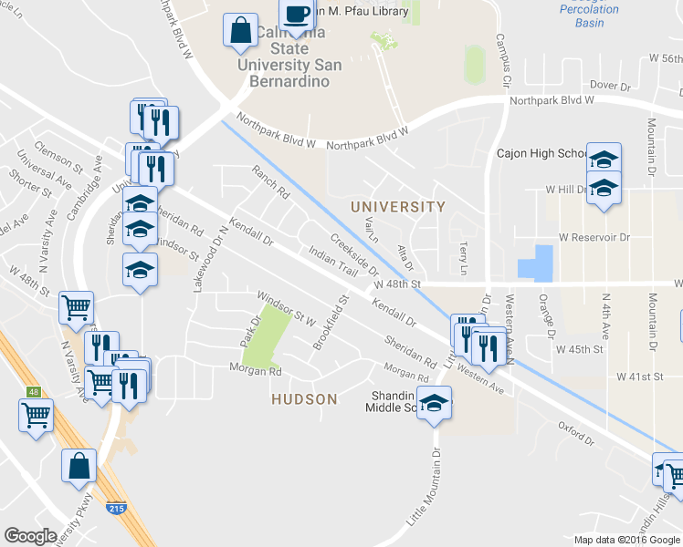 map of restaurants, bars, coffee shops, grocery stores, and more near 1503 Indian Trail in San Bernardino