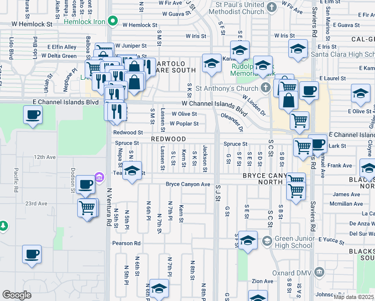 map of restaurants, bars, coffee shops, grocery stores, and more near 3100 Kern Street in Oxnard