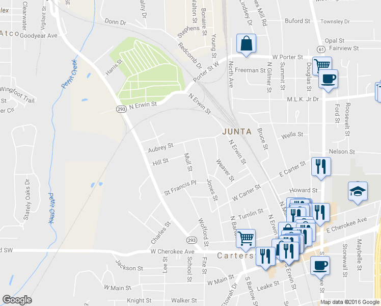 map of restaurants, bars, coffee shops, grocery stores, and more near 19 Mull Street in Cartersville