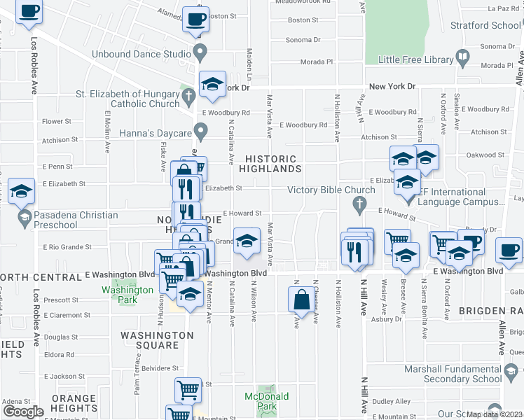 map of restaurants, bars, coffee shops, grocery stores, and more near 1107 East Howard Street in Pasadena