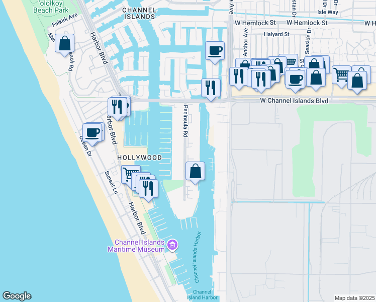 map of restaurants, bars, coffee shops, grocery stores, and more near 3100 Peninsula Road in Oxnard