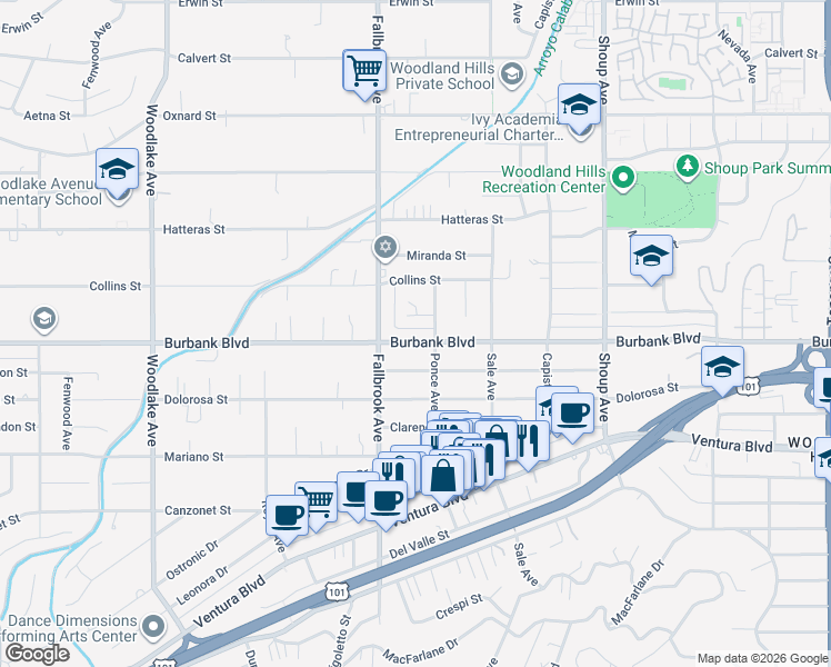map of restaurants, bars, coffee shops, grocery stores, and more near 22723 Burbank Boulevard in Los Angeles