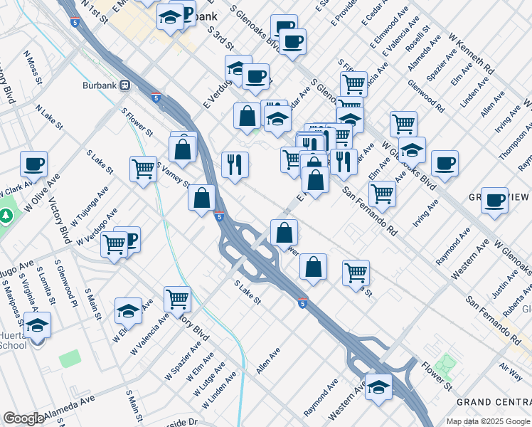 map of restaurants, bars, coffee shops, grocery stores, and more near 820 South Flower Street in Burbank