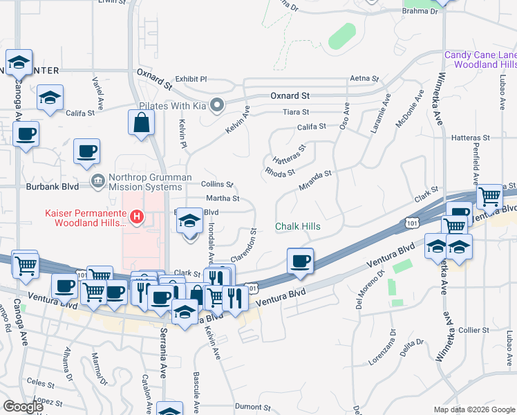 map of restaurants, bars, coffee shops, grocery stores, and more near 20607 Martha Street in Los Angeles