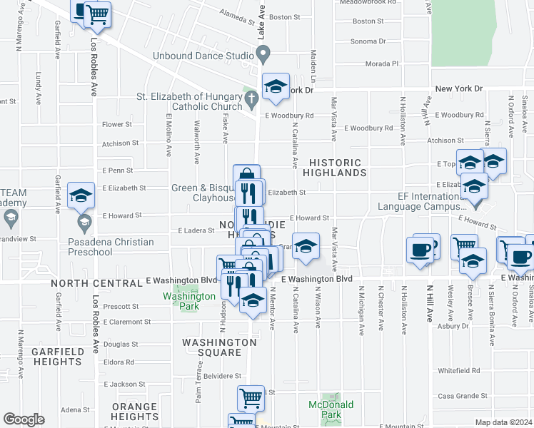 map of restaurants, bars, coffee shops, grocery stores, and more near 931 East Howard Street in Pasadena