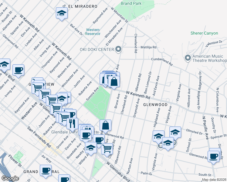 map of restaurants, bars, coffee shops, grocery stores, and more near 1040 West Kenneth Road in Glendale