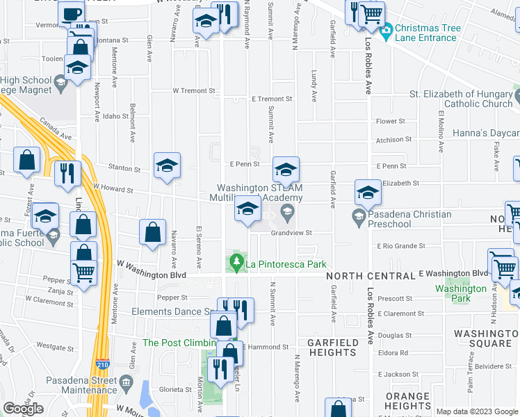 map of restaurants, bars, coffee shops, grocery stores, and more near 1520 North Raymond Avenue in Pasadena