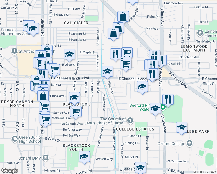 map of restaurants, bars, coffee shops, grocery stores, and more near 2951 Albany Drive in Oxnard
