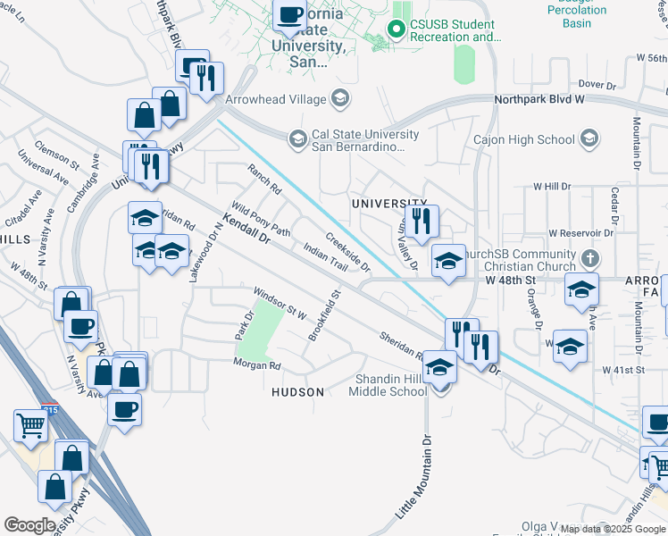 map of restaurants, bars, coffee shops, grocery stores, and more near 1503 Indian Trail in San Bernardino