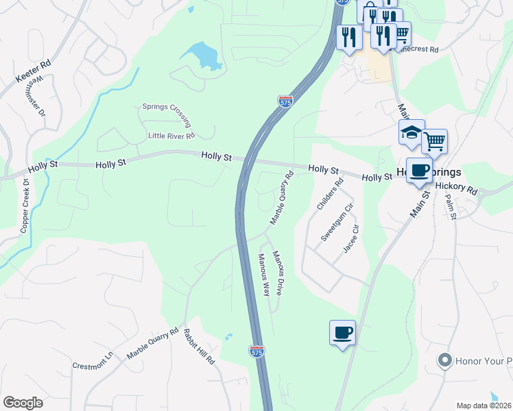 map of restaurants, bars, coffee shops, grocery stores, and more near 1557 Marble Quarry Road in Holly Springs