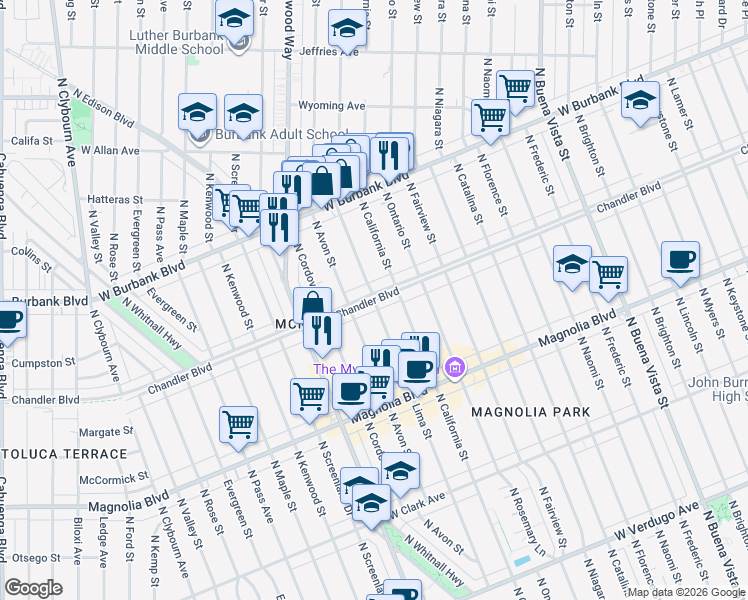 map of restaurants, bars, coffee shops, grocery stores, and more near Lima Street in Burbank