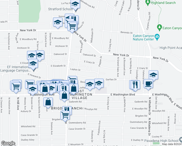 map of restaurants, bars, coffee shops, grocery stores, and more near 2042 Layton Street in Pasadena
