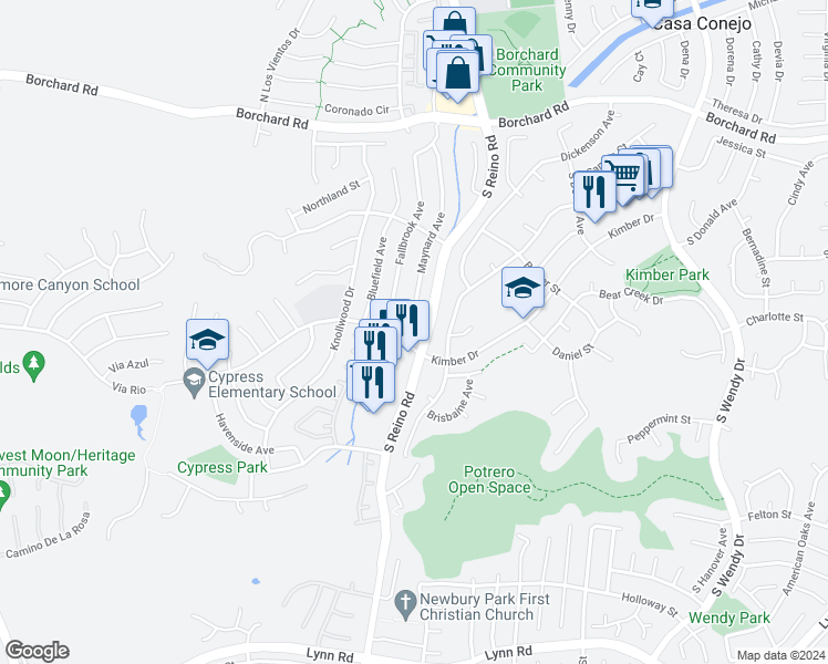 map of restaurants, bars, coffee shops, grocery stores, and more near 268 Maynard Avenue in Thousand Oaks