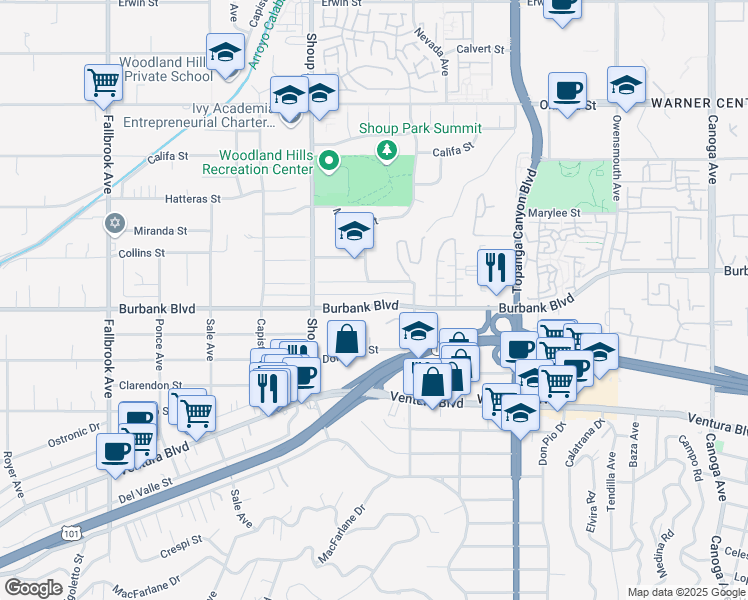 map of restaurants, bars, coffee shops, grocery stores, and more near 22321 Collins Street in Los Angeles