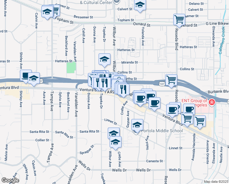 map of restaurants, bars, coffee shops, grocery stores, and more near 6219 Sylvia Avenue in Los Angeles