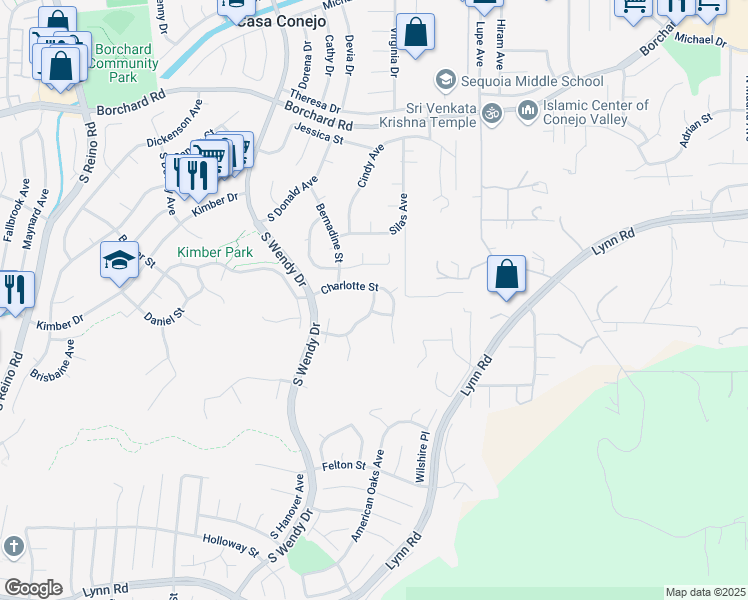 map of restaurants, bars, coffee shops, grocery stores, and more near 3057 Charlotte Street in Thousand Oaks