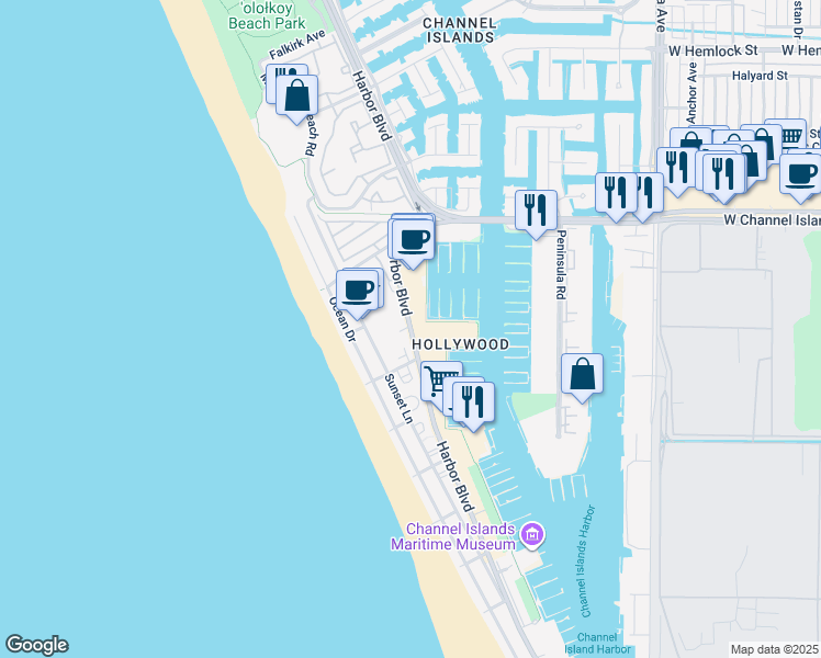 map of restaurants, bars, coffee shops, grocery stores, and more near 3101 South Harbor Boulevard in Oxnard