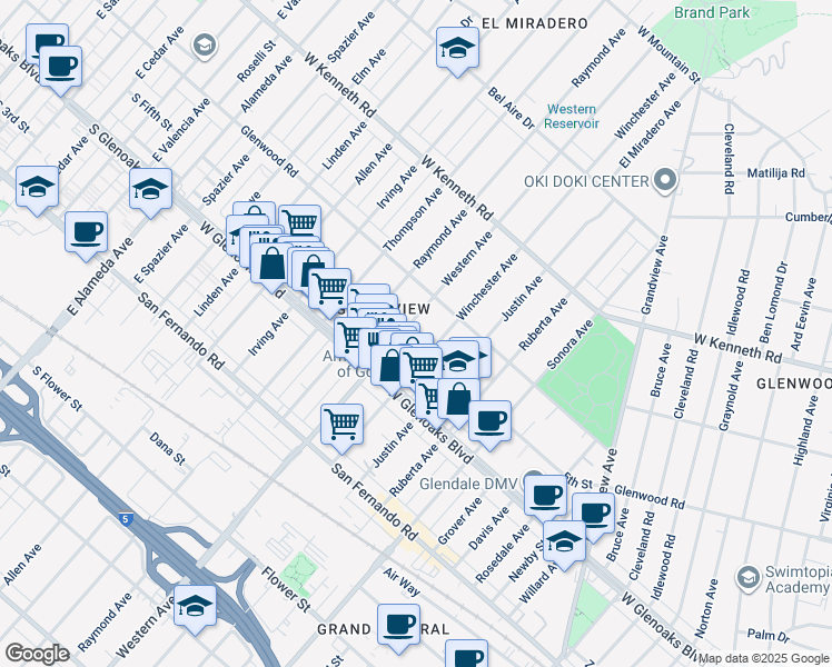 map of restaurants, bars, coffee shops, grocery stores, and more near 1142 Western Avenue in Glendale
