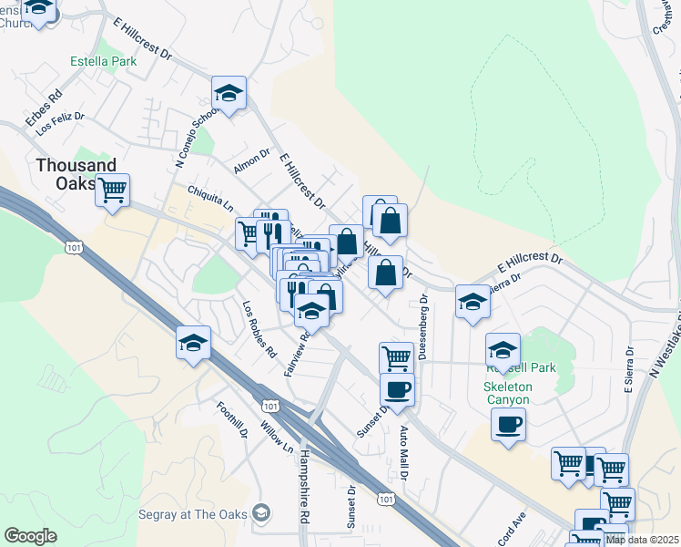 map of restaurants, bars, coffee shops, grocery stores, and more near Los Feliz Drive & North Skyline Drive in Thousand Oaks