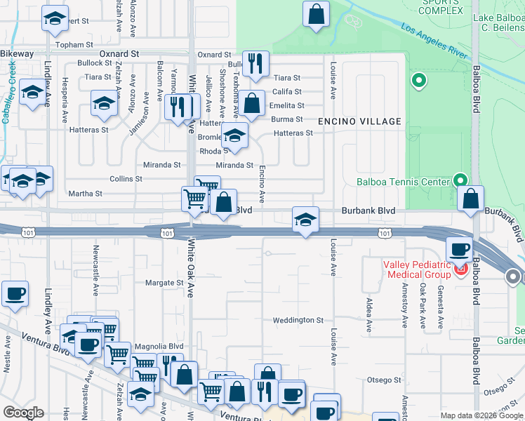 map of restaurants, bars, coffee shops, grocery stores, and more near 17442 Martha Street in Los Angeles