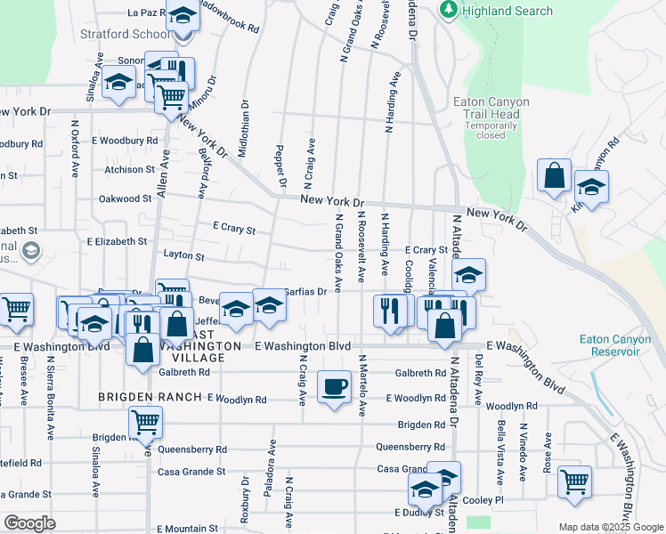 map of restaurants, bars, coffee shops, grocery stores, and more near 1515 North Grand Oaks Avenue in Pasadena