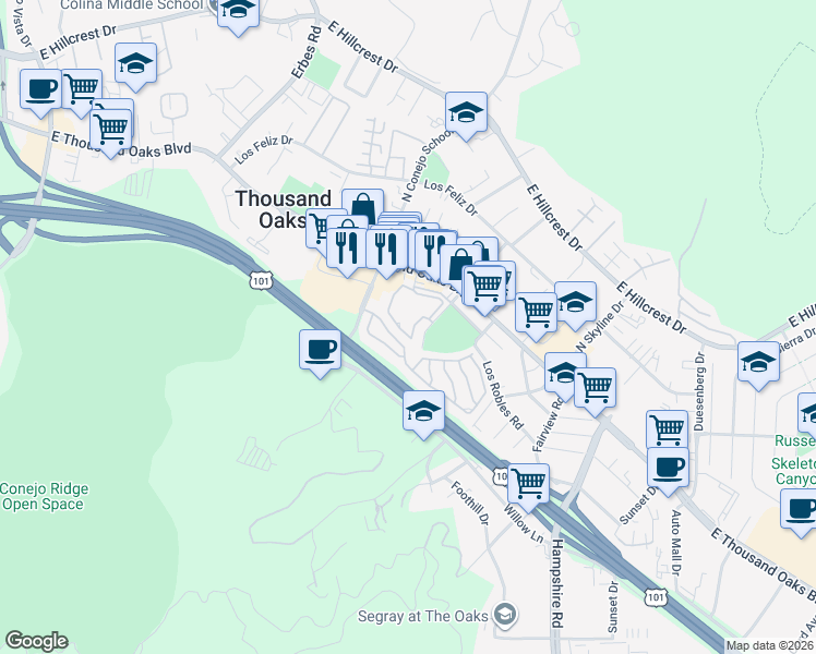 map of restaurants, bars, coffee shops, grocery stores, and more near 2414 Pleasant Way in Thousand Oaks