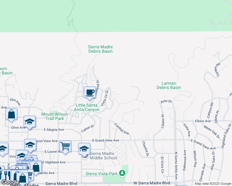 map of restaurants, bars, coffee shops, grocery stores, and more near 505 Lotus Lane in Sierra Madre