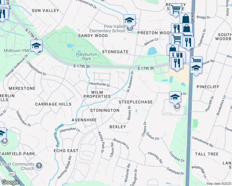 map of restaurants, bars, coffee shops, grocery stores, and more near 1507 Marblehead Court in Wilmington