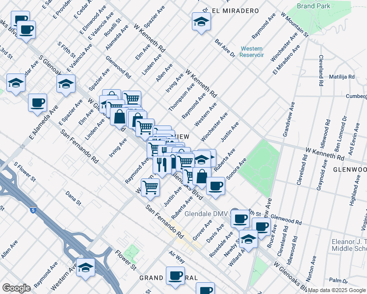 map of restaurants, bars, coffee shops, grocery stores, and more near in Glendale