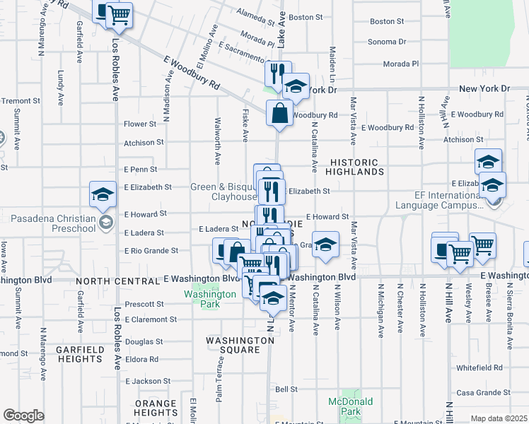 map of restaurants, bars, coffee shops, grocery stores, and more near 869 East Howard Street in Pasadena