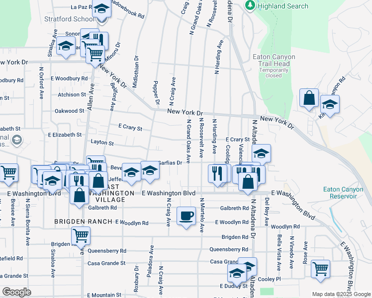 map of restaurants, bars, coffee shops, grocery stores, and more near 1515 North Grand Oaks Avenue in Pasadena