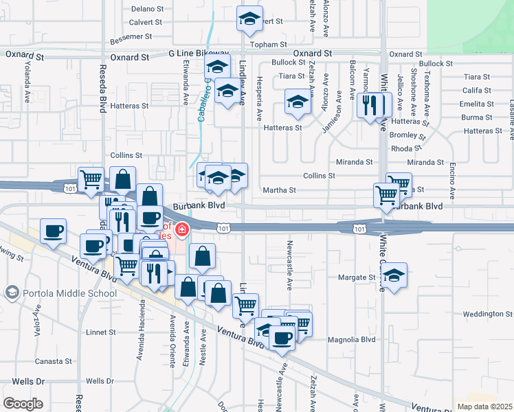map of restaurants, bars, coffee shops, grocery stores, and more near 5536 Lindley Avenue in Los Angeles