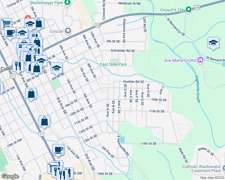 map of restaurants, bars, coffee shops, grocery stores, and more near 1322 Goehler Road Southeast in Cullman