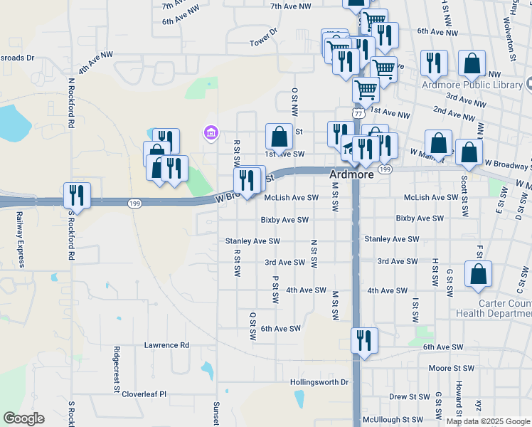 map of restaurants, bars, coffee shops, grocery stores, and more near 1522 McLish Avenue Southwest in Ardmore