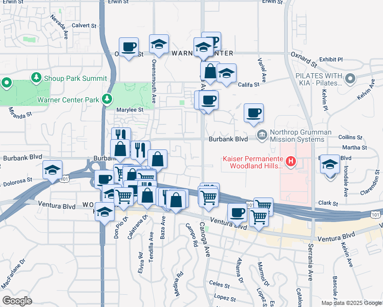 map of restaurants, bars, coffee shops, grocery stores, and more near 21450 Burbank Boulevard in Los Angeles