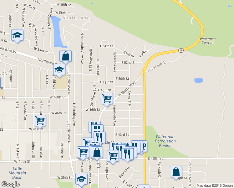 map of restaurants, bars, coffee shops, grocery stores, and more near 223 East 49th Street in San Bernardino