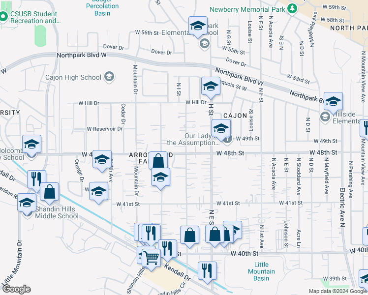 map of restaurants, bars, coffee shops, grocery stores, and more near 4236 North F Street in San Bernardino