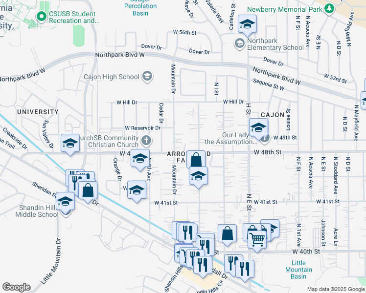 map of restaurants, bars, coffee shops, grocery stores, and more near 4233 Mountain Drive in San Bernardino County