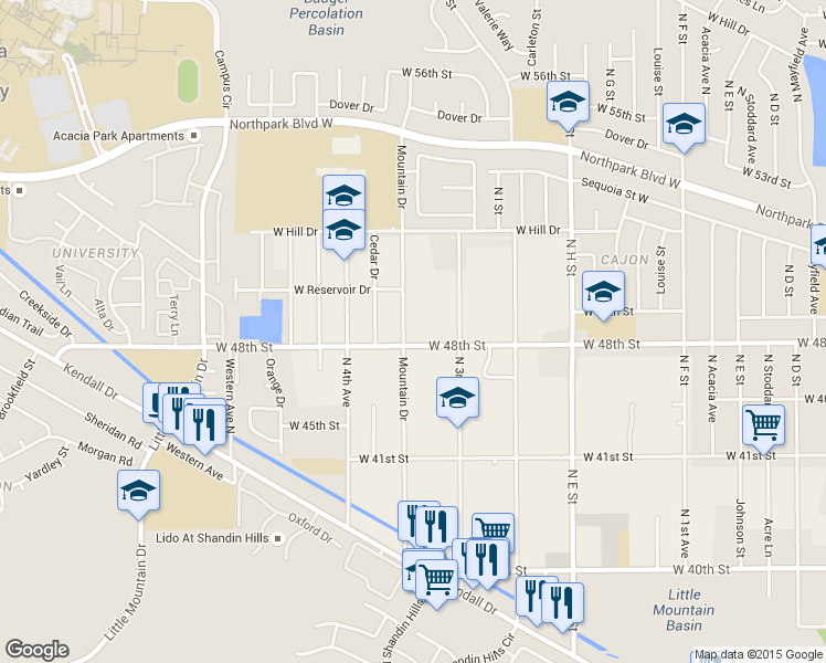map of restaurants, bars, coffee shops, grocery stores, and more near 4233 Mountain Drive in San Bernardino County