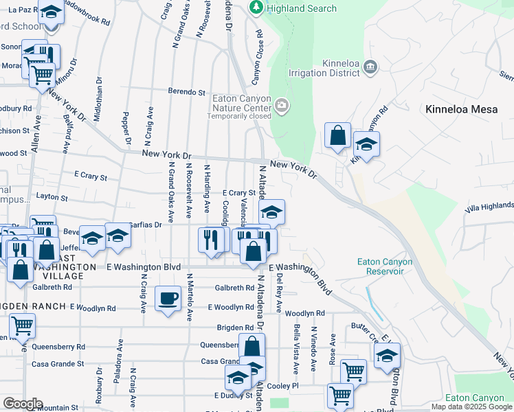 map of restaurants, bars, coffee shops, grocery stores, and more near 1552 North Altadena Drive in Pasadena