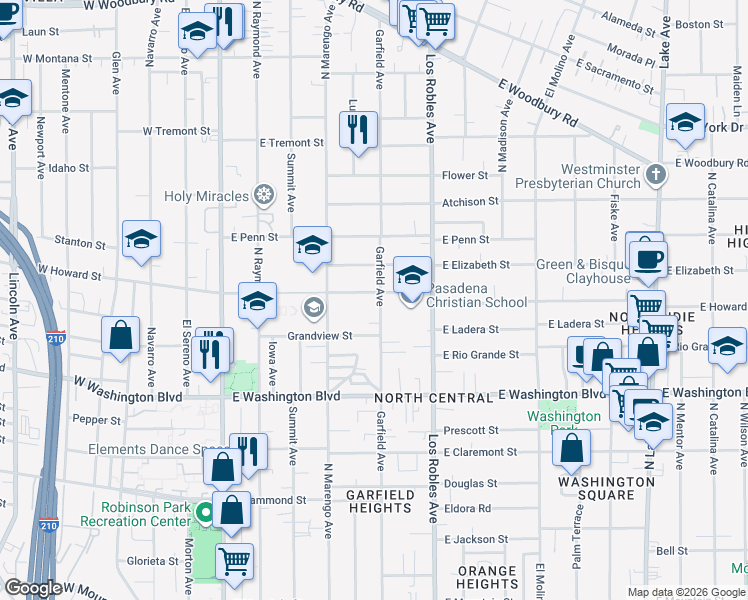 map of restaurants, bars, coffee shops, grocery stores, and more near 305 East Howard Street in Pasadena