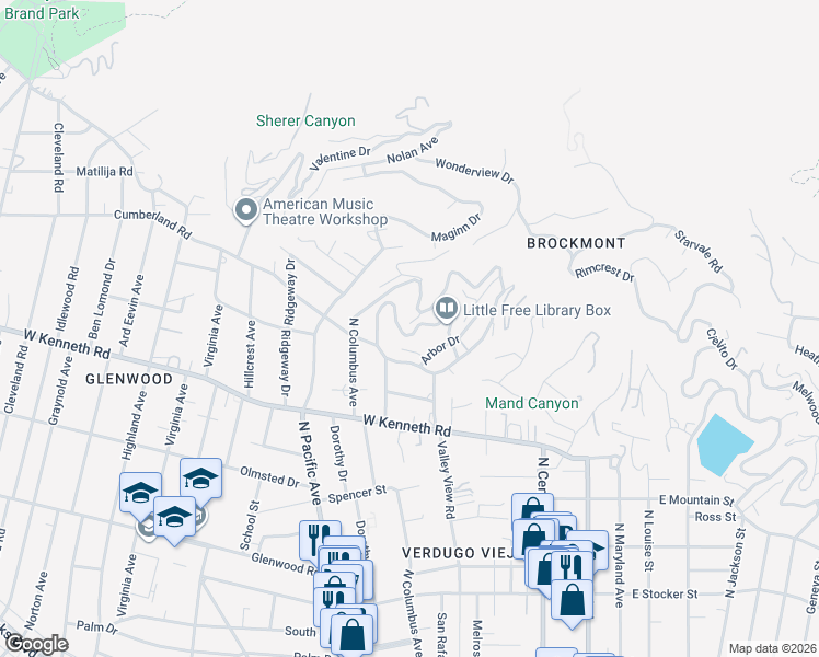 map of restaurants, bars, coffee shops, grocery stores, and more near 321 Kempton Road in Glendale